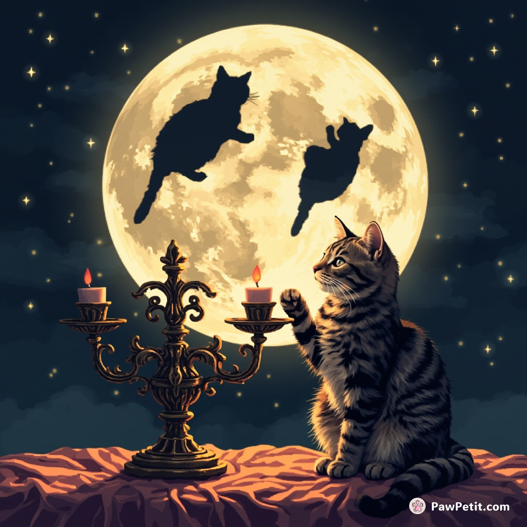 A tabby cat casting huge illuminated shadow puppets on the moon's surface using an ornate Victorian-era candle holder.