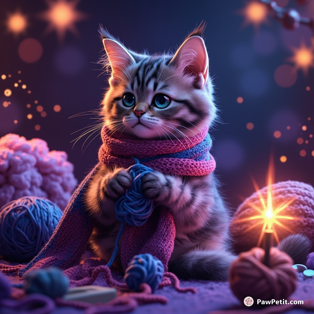 Cat casually knitting a galaxy-themed scarf, with yarn made from nebula clouds, at the interstellar cat cocktail party.