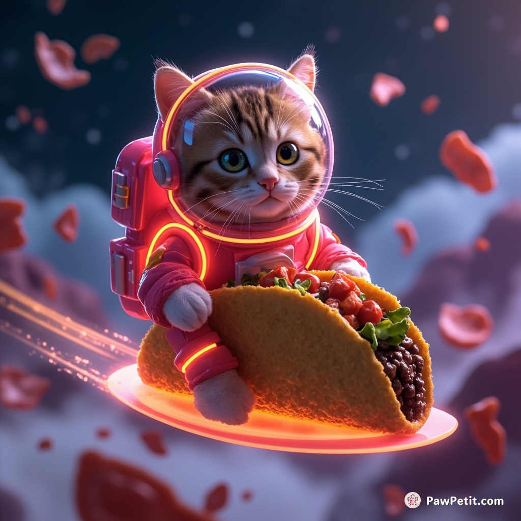 Cat wearing a neon astronaut suit, surfing on a Taco through intergalactic prosciutto rain.