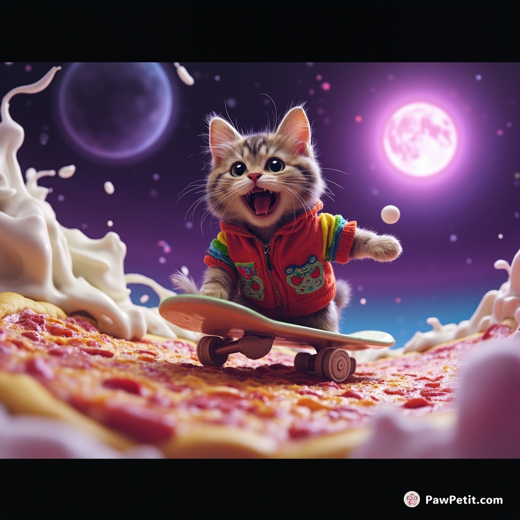 A psychedelic, purple cat cosmic surfing on a space of fossilized rainbow pizza slices through a nebula of milk.