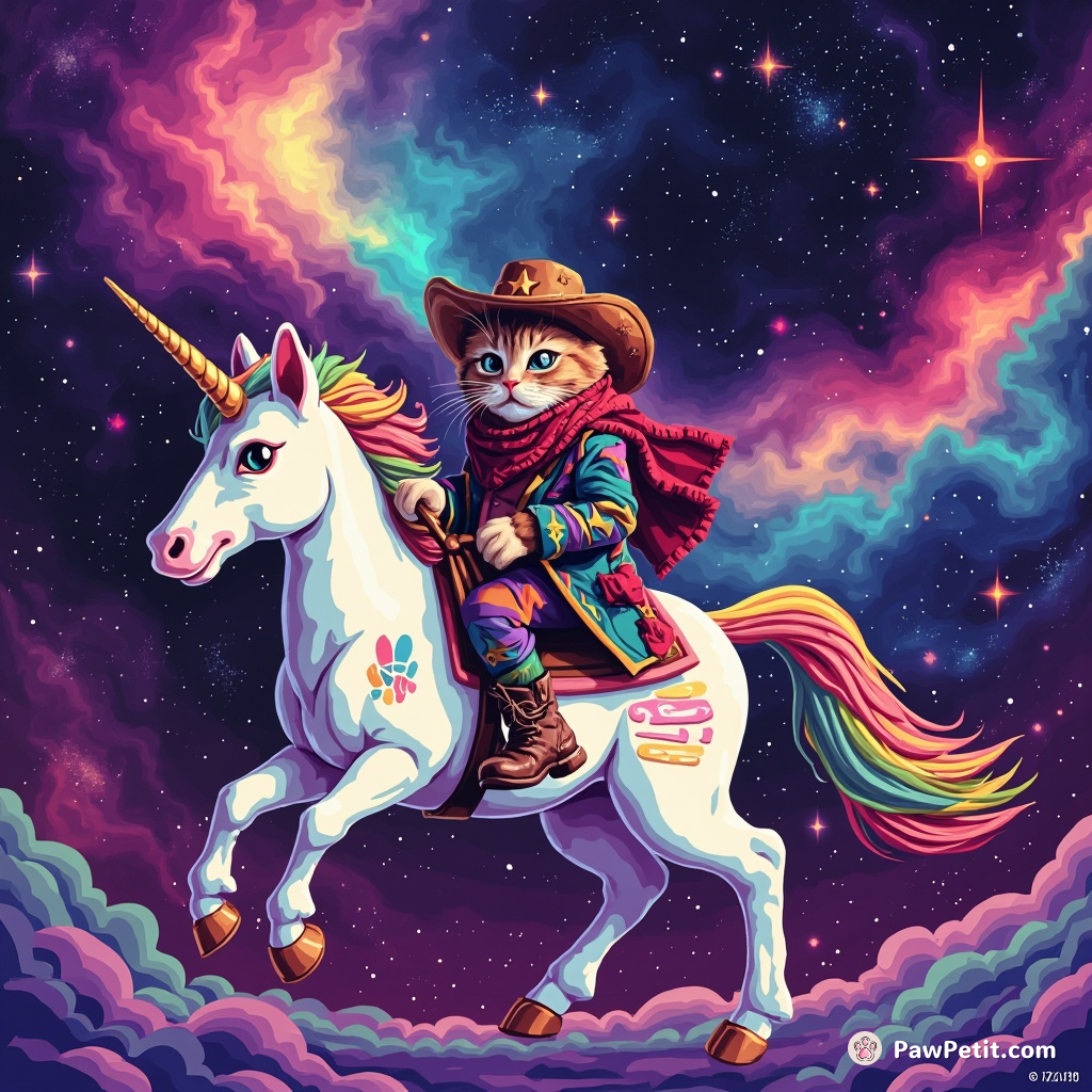 Cat as a psychedelic cowboy, riding a unicorn through multicolored space nebula.