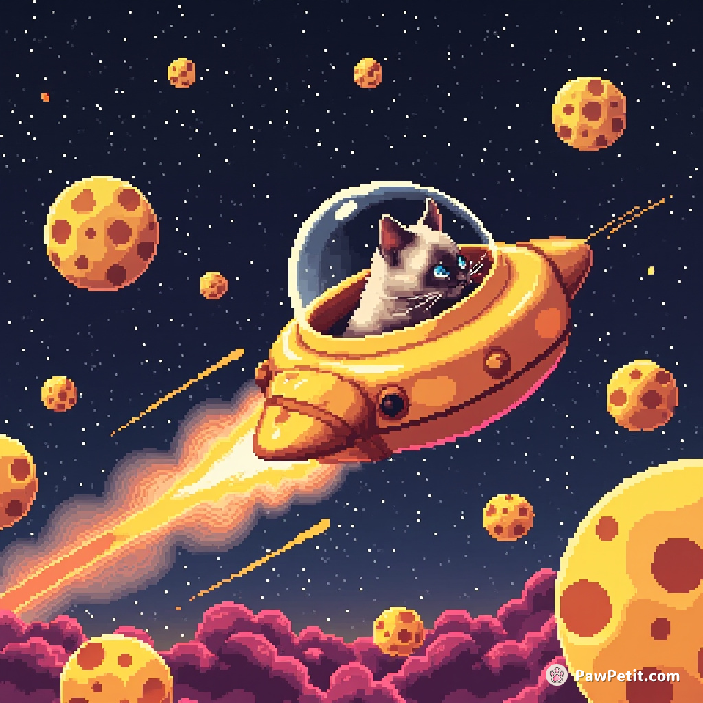 A Siamese cat piloting a jellybean-shaped spaceship, dodging asteroid fields of floating cheese.