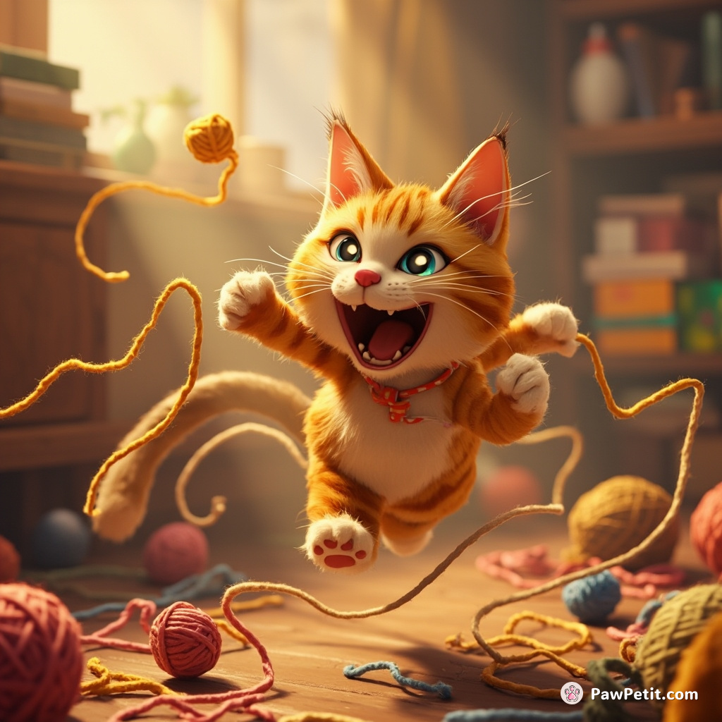 Cat leaps, yowls, and darts through a crowded room, unraveling yarn in its wake.