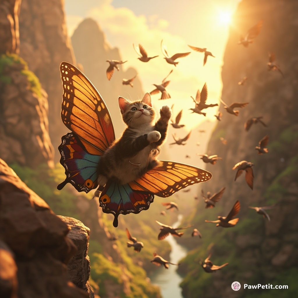 Cat riding a gigantic butterfly conducting an orchestra of sparrows amidst a canyon at dawn.