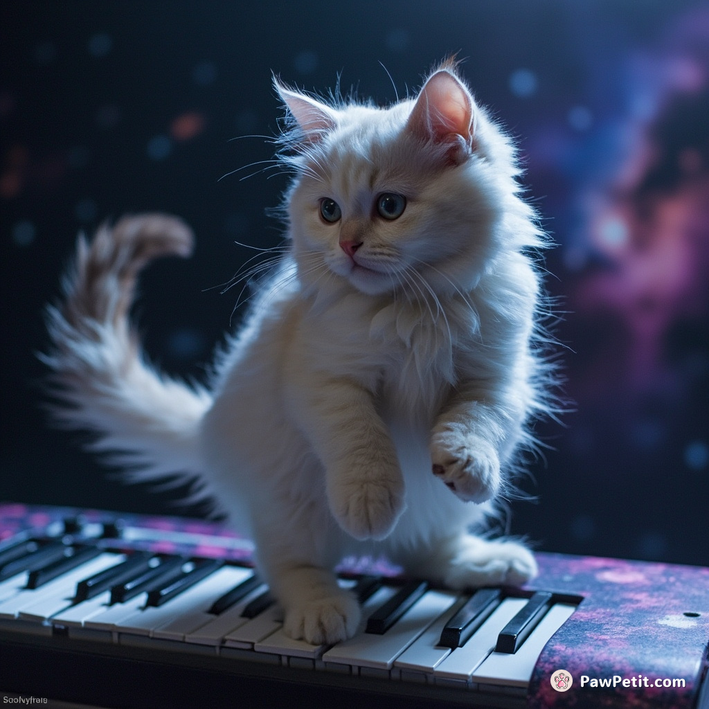 Cat tap-dancing on a galaxy keyboard in zero gravity.