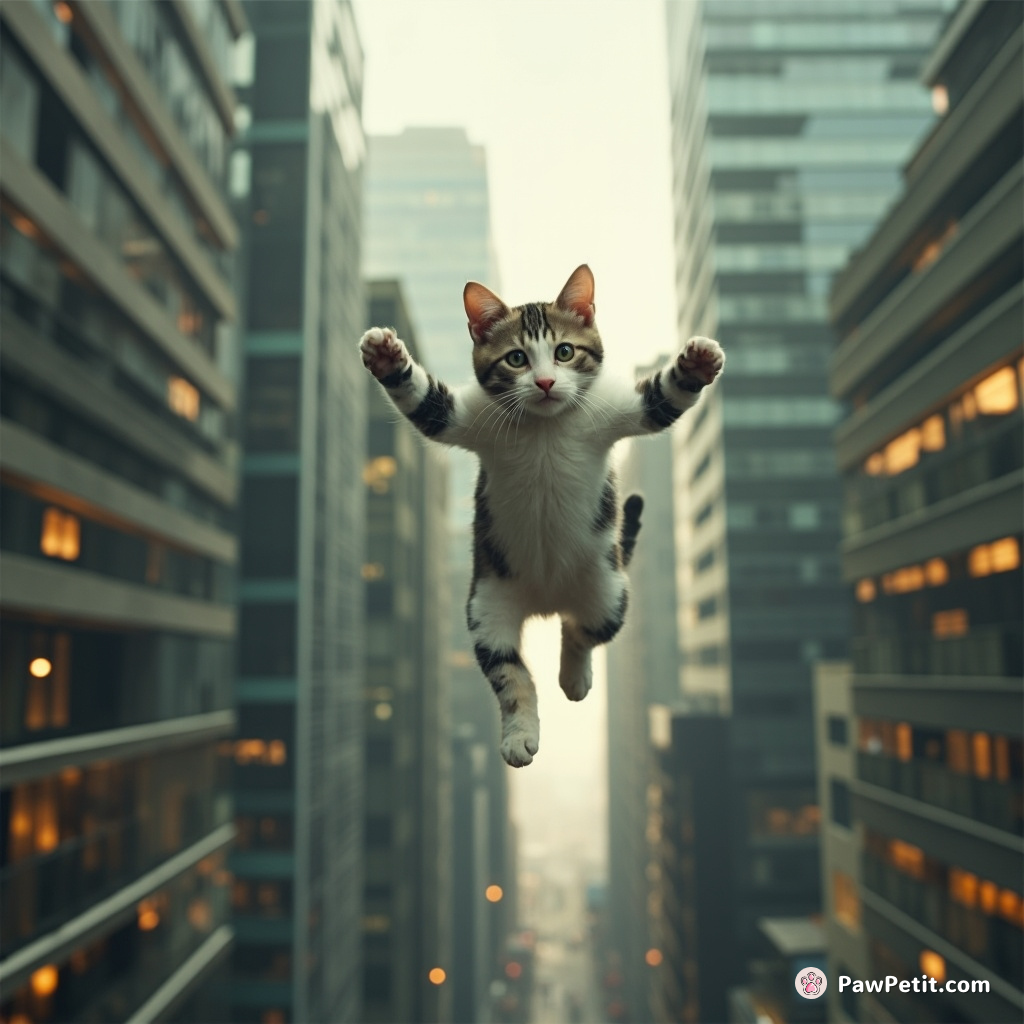 A daring cat leaps from skyscraper to skyscraper, convinced it's outpacing human athletes in parkour.