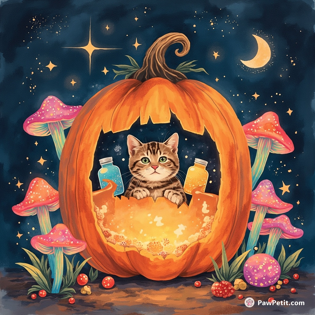 A tabby cat selling magical potions inside an enormous pumpkin, surrounded by neon mushrooms and rainbow-swirled stars.