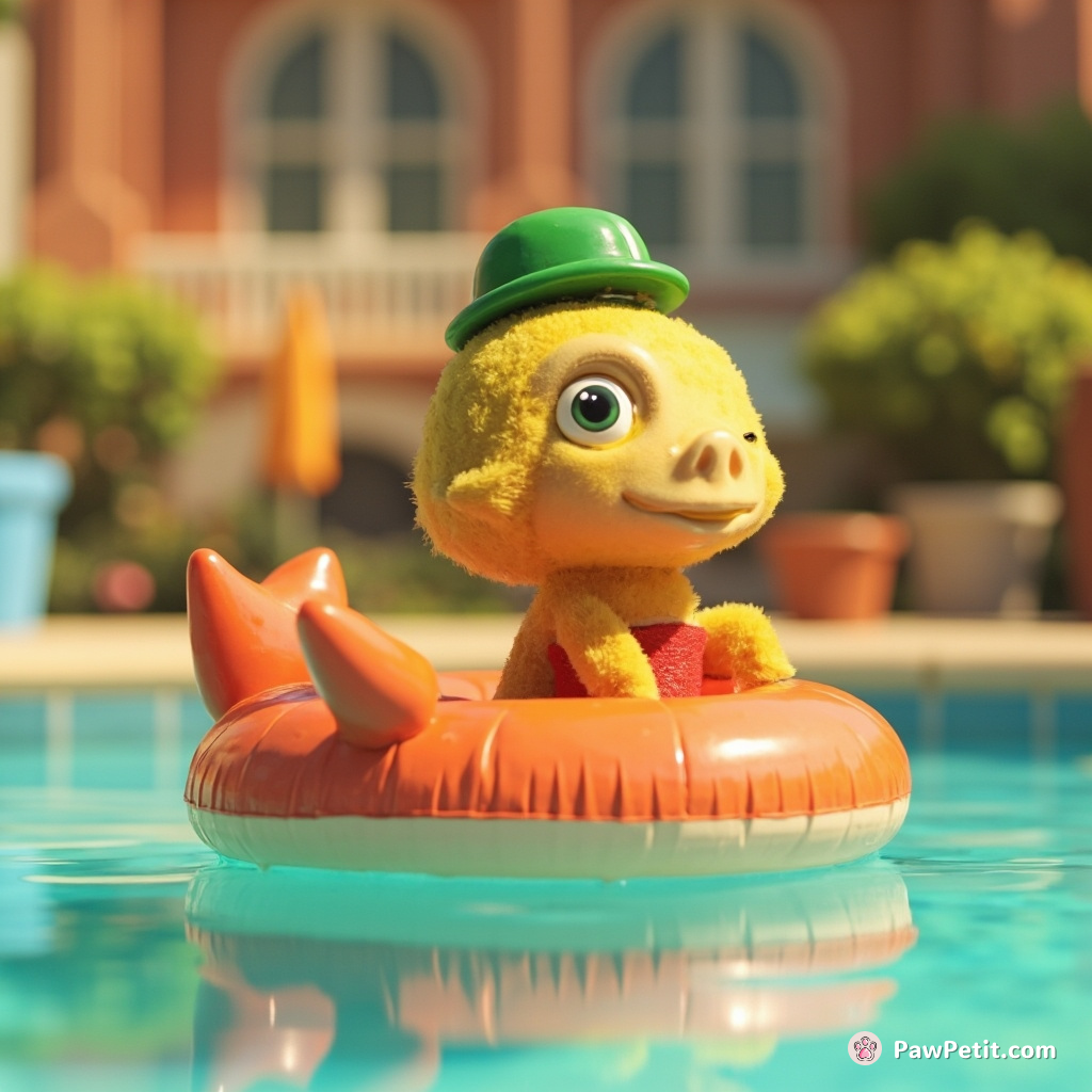 In revenge for flying baths, Tiddles chaired a 'time-sharing wading pool' assembly; lifeguard on fish-shaped floatie.