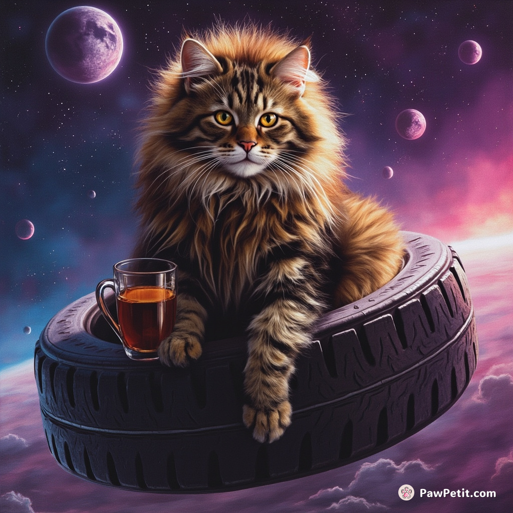A dignified cat with a lion's mane sipping black tea atop an oversized tire in neon, zero-gravity outer space.