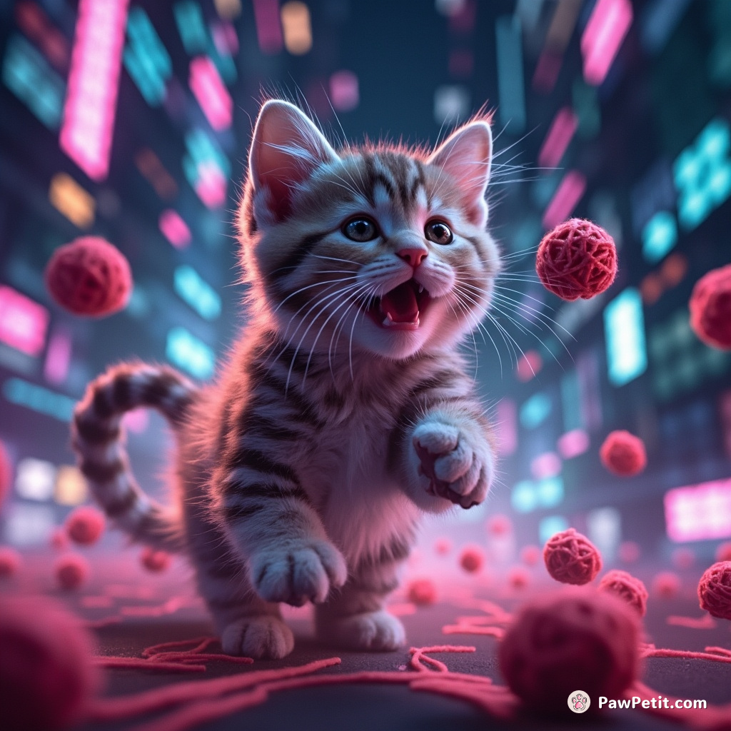 In a pixel-lined reality, a cyber-feline frolics, playfully pawing at dancing sprites and chasing after neon-flashing digital yarn balls.