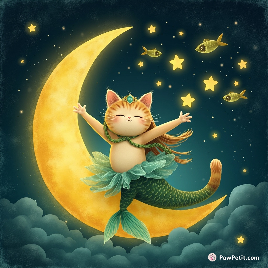 A mermaid-cat performing a lunar ballet on an avocado moon, juggling fish-shaped stars.