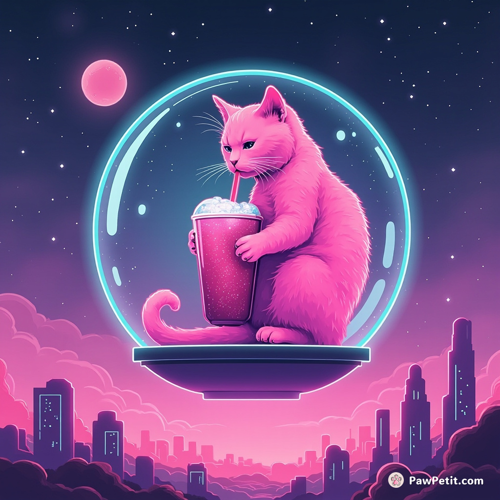 A neon-pink cat sipping a galaxy milkshake inside a floating orb above an alien cityscape.
