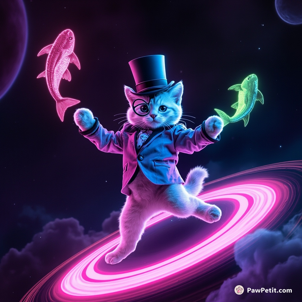 Glowing neon cat doing a moonwalk on Saturn's rings while juggling cosmic fish, adorned with a top hat and monocle.