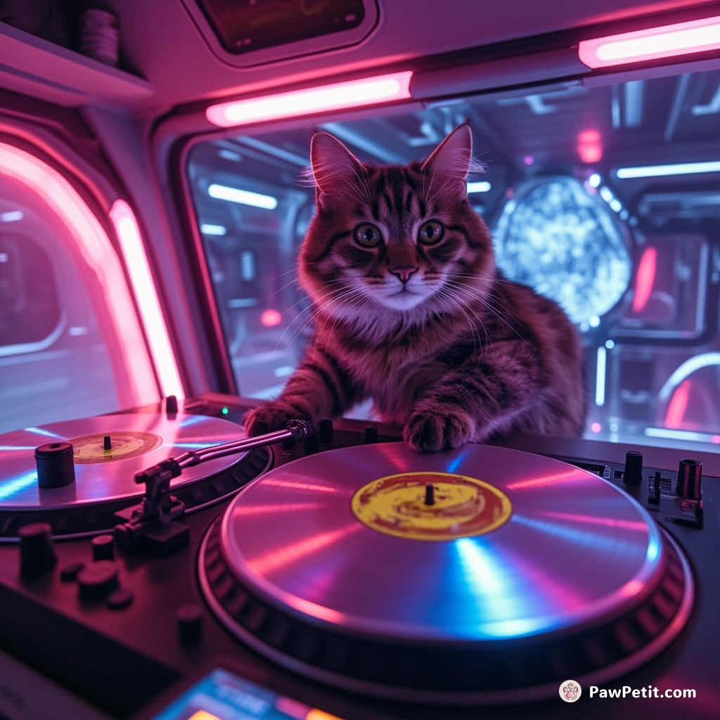A cat DJ spinning colorful records made of sushi on turntables floating in a zero-gravity space capsule.