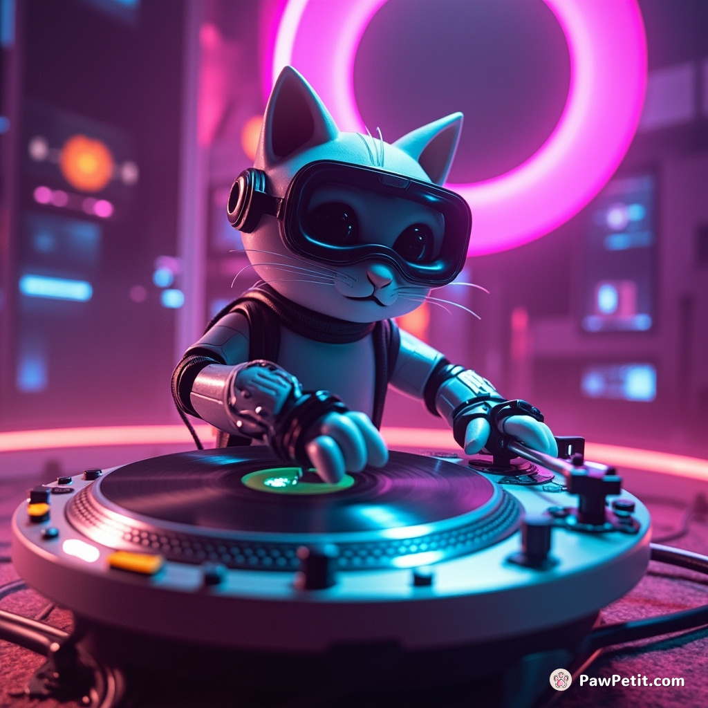 Cybernetic cat DJ mixing the universe's toughest beats on a floating turntable in a neon-glowing Zoom scene.