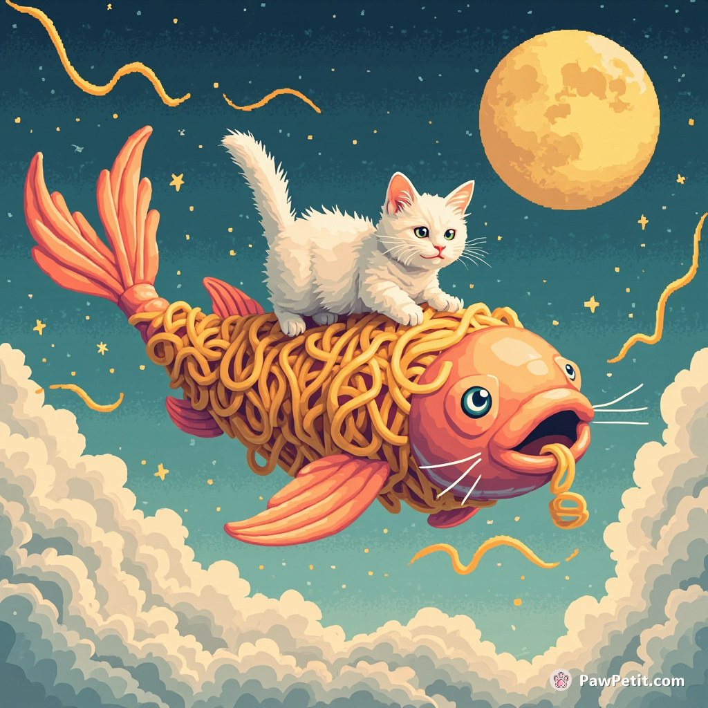 Cat soaring on the back of a giant hoverfish through spaghetti carbonara clouds, with laughing moon for company.
