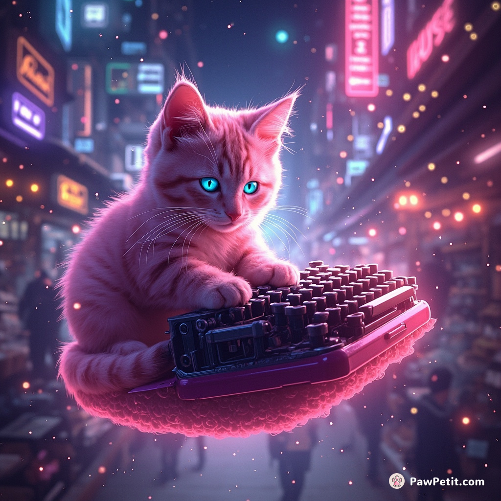 A neon pink tabby cat typing away on a floating cosmic typewriter in a bustling alien marketplace.