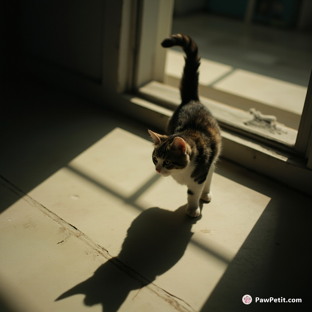 The cat pounces on a shadow, convinced it's a mysterious human portal to another dimension.