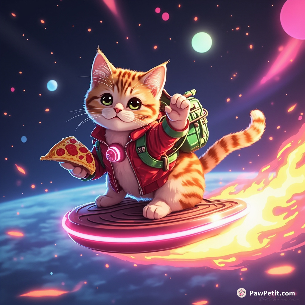 Pizza-delivering cat on a neon flaming hoverboard through rainbow-dotted space.