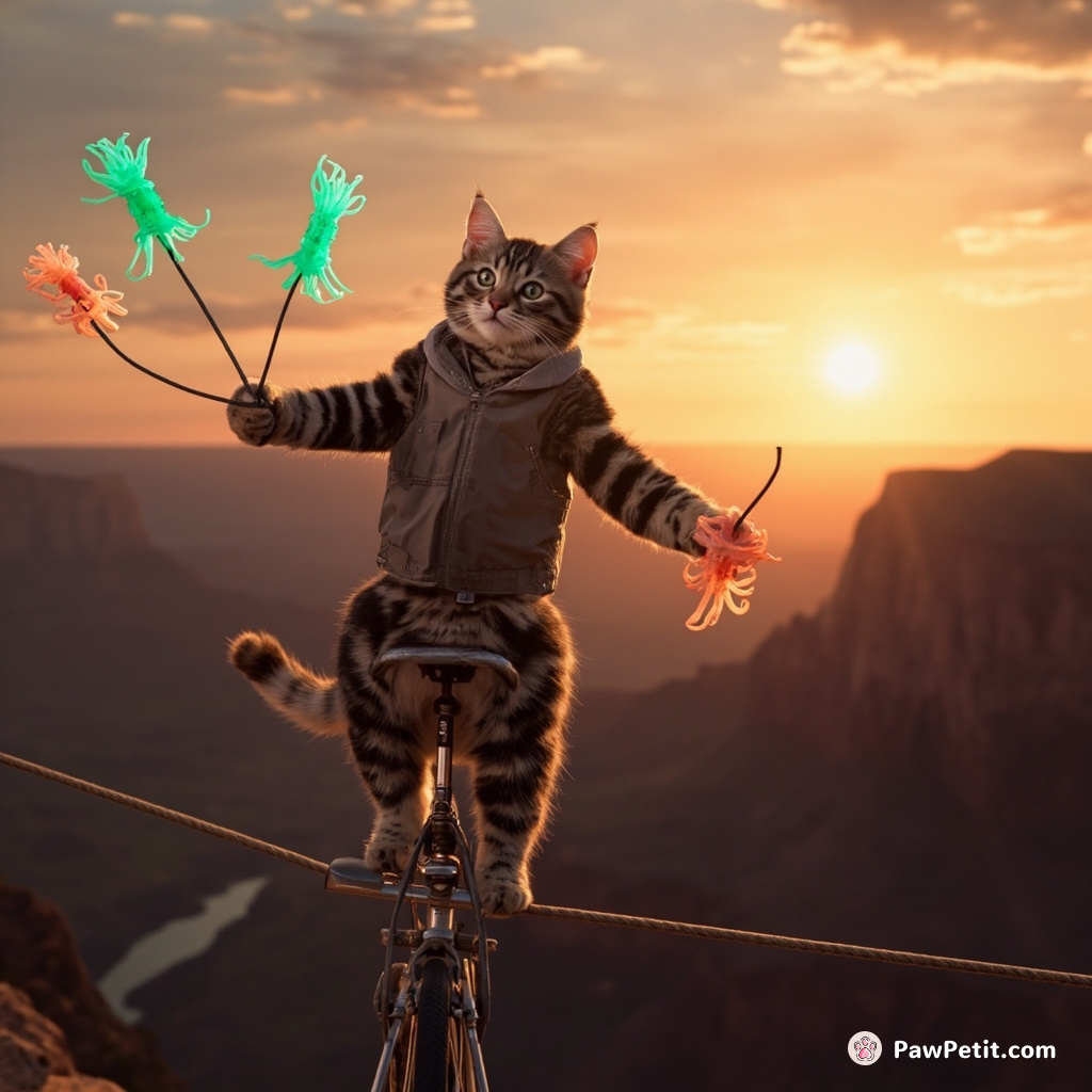 A tabby cat juggling fluorescent squids while riding a unicycle on a tightrope over the Grand Canyon at sunset.