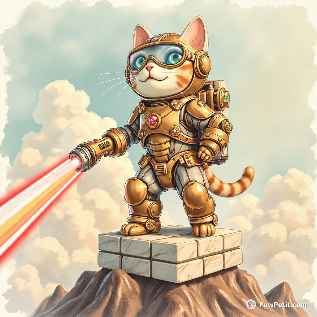 A marble statue of a feisty cat in a steam-powered iron suit, shooting laser-tag streams from its jewel-studded goggles atop Mount Quantum Popcorn.