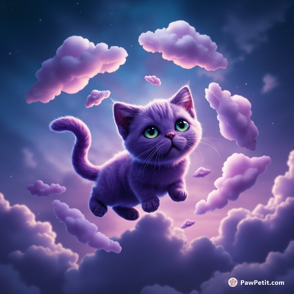 A purple cat with eight tails using each tail to create a different shaped cloud in multicolored night sky.