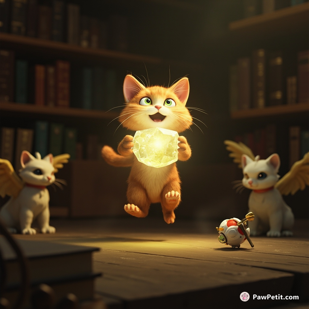 A three-legged ginger cat levitating a glowing crystal with telekinetic powers in a dim moody library flanked by griffins.