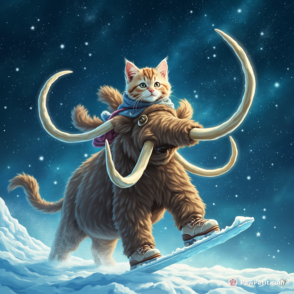 A cat ice-skating on a mammoth's tusks amid nebula stars.