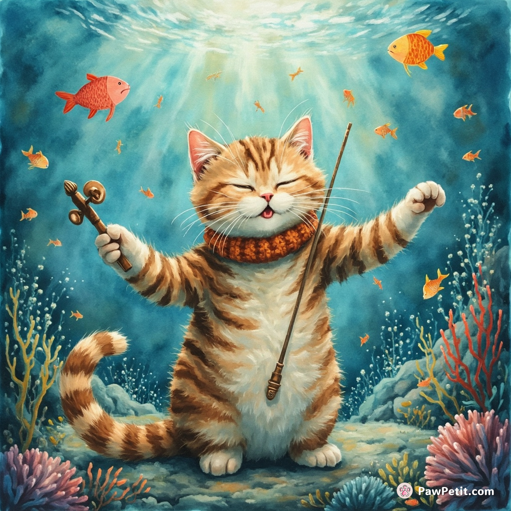 Cat conducting a symphony orchestra of fish in underwater Atlantis.