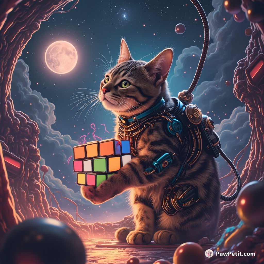 Cybernetic cat solving 7-Dimensional Rubik's Cube in low gravity space circus.