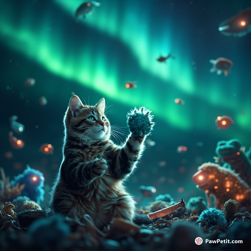 Cat conducting an orchestra of aquatic creatures under the northern lights.