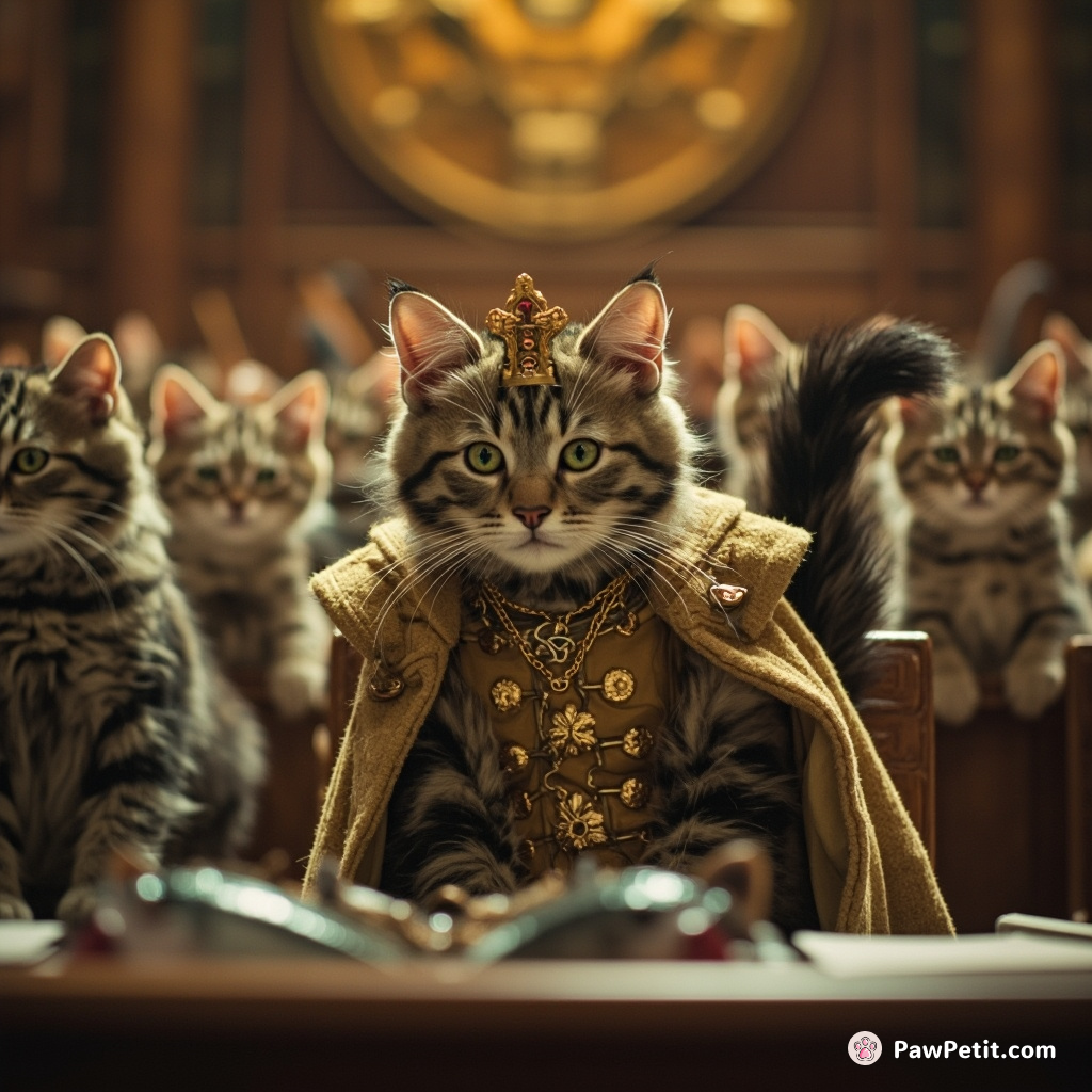 In a feline-dominated assembly, the Cat King swishes his tail decisively, enacting laws to conserve global fish stocks.