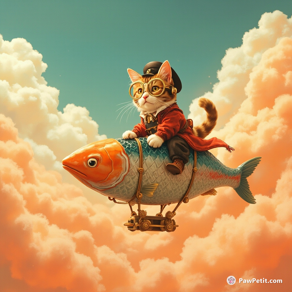 Steampunk cat flying a zeppelin made of fish in carrot-orange cotton candy clouds.