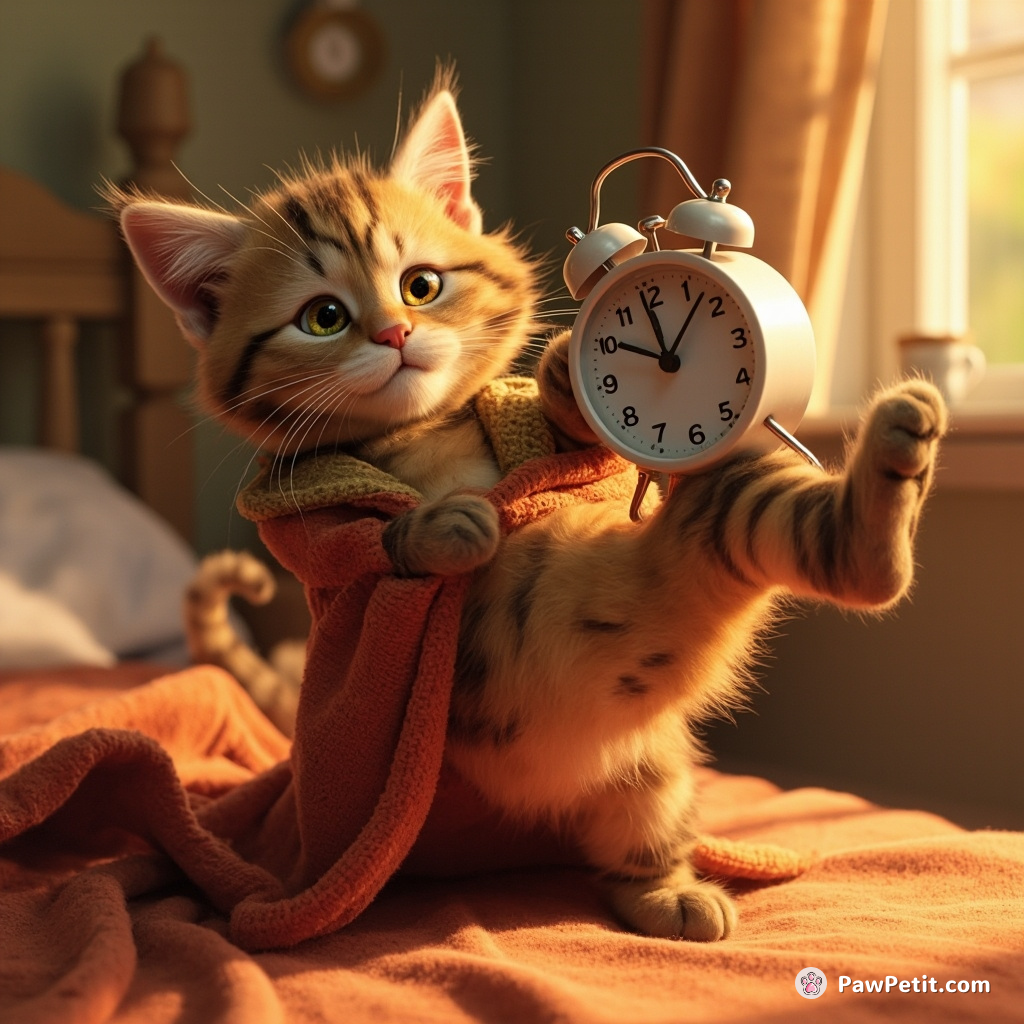 Believing it superior at wake-up calls, Whiskers fly-kicks Alarm Clock daily at dawn, resulting in a blanket tug-of-war.