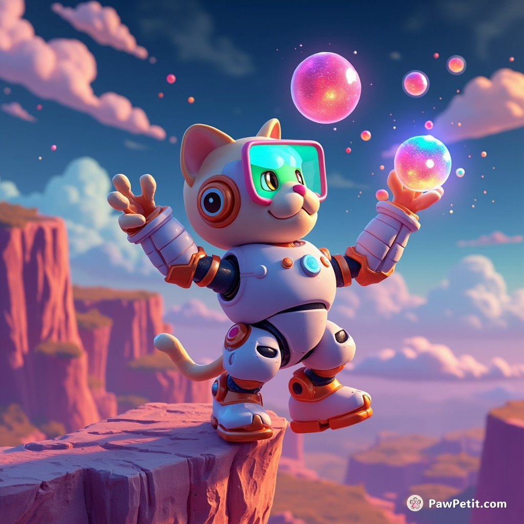 Cyborg cat juggling miniature galaxies on the edge of a pixelated cliff.