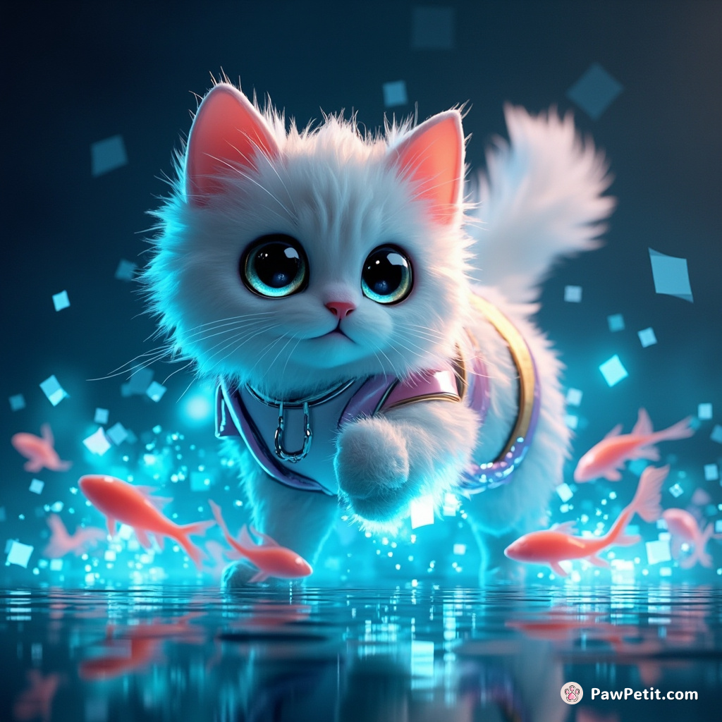 In Cyter-Cat's pixel kingdom, it effortlessly maneuvers through data-streams with a glitchless pounce, fragments transforming into digit-fish.