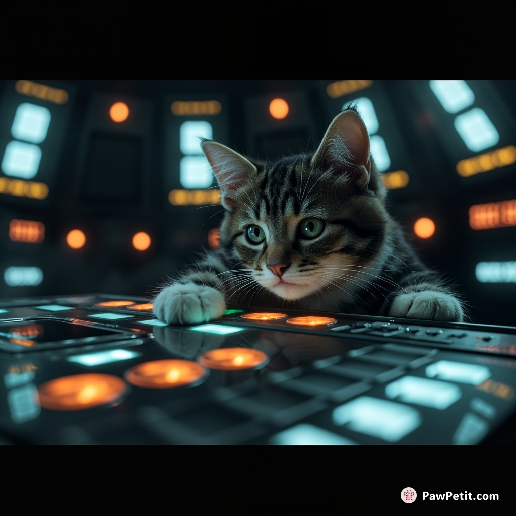 Cat deftly swipes paw, activating alien console with glowing symbols and pulsating lights.