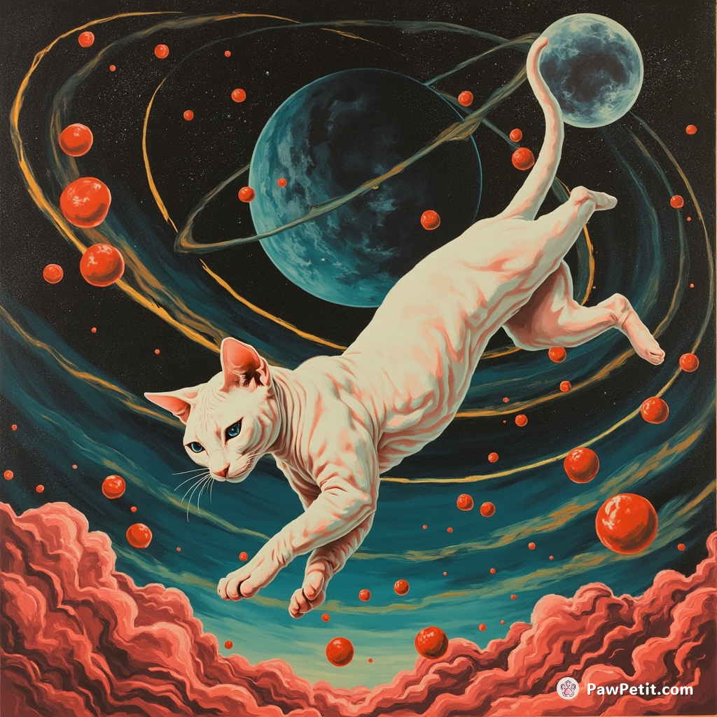 A sphynx cat painting abstract art with its tail in zero gravity while tomatoes orbit around it.