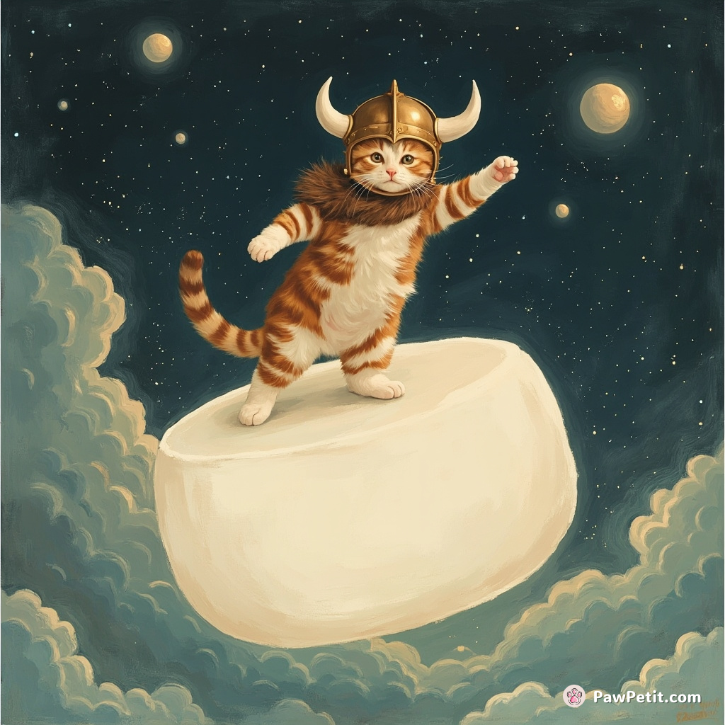 A cat performing a ballet pirouette, while wearing a Viking helmet, on top of a giant marshmallow floating in spacetime.