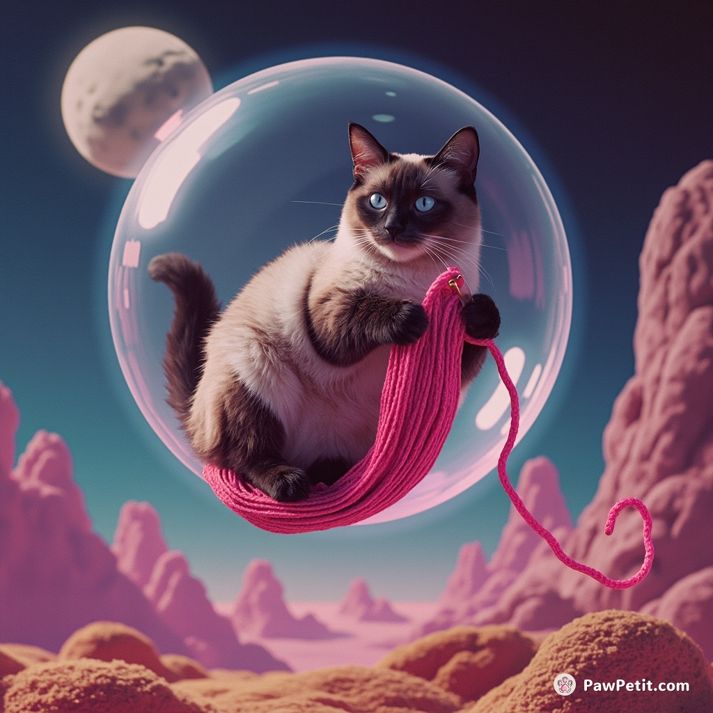 A Siamese cat floating in a bubble over an alien Mars landscape, knitting neon yarn with tuna fish needles.
