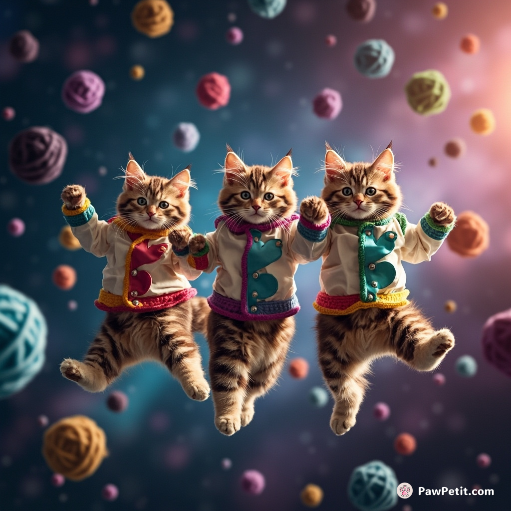 A trio of sparkly rainbow maritime admiral cats dancing in zero-gravity space, blasting yarn-shaped asteroids to galaxy music