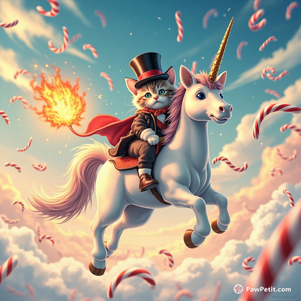 Cat wearing a top hat riding a fire-breathing unicorn under candy cane filled sky.