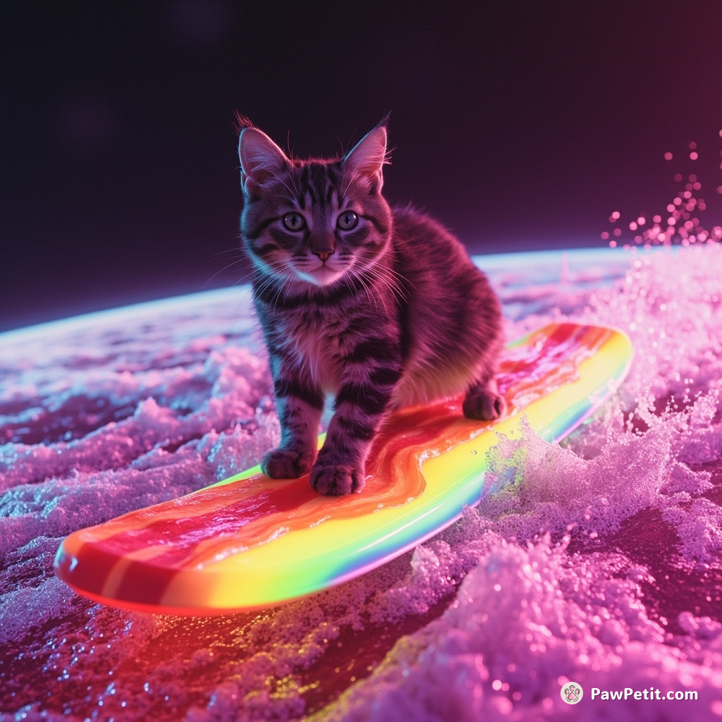 A cat surfing on a rainbow colored slice of bacon over an ocean of glowing soda.