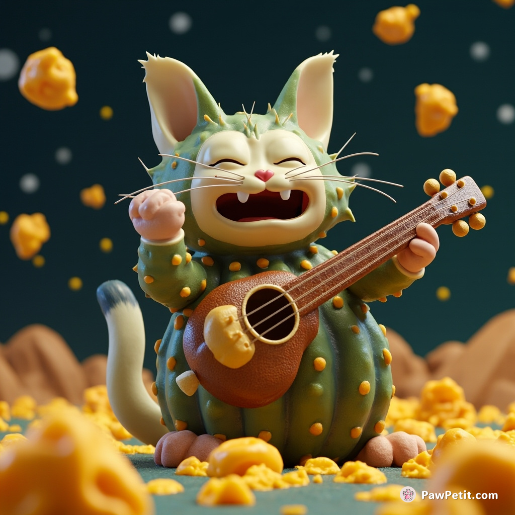 A cosmic cat laughing as it plays a cactus like a double bass on the moon, surrounded by floating cheese chunks.