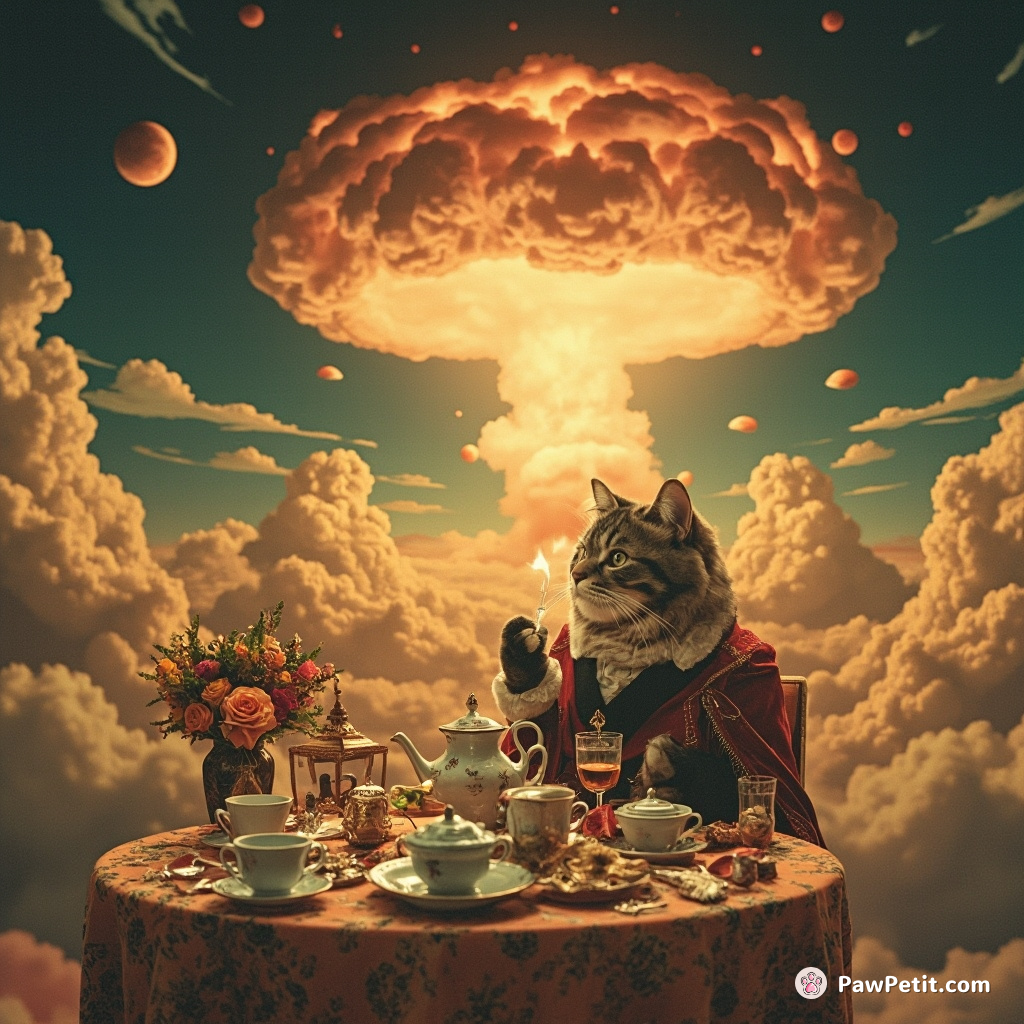 A Victorian-era cat hosting a lavish tea party in a mushroom cloud after a gentle nuclear explosion.