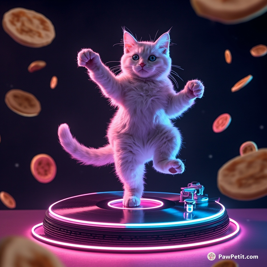 A neon cat breakdancing on a disco turntable in zero-gravity, surrounded by micro flying pancakes.
