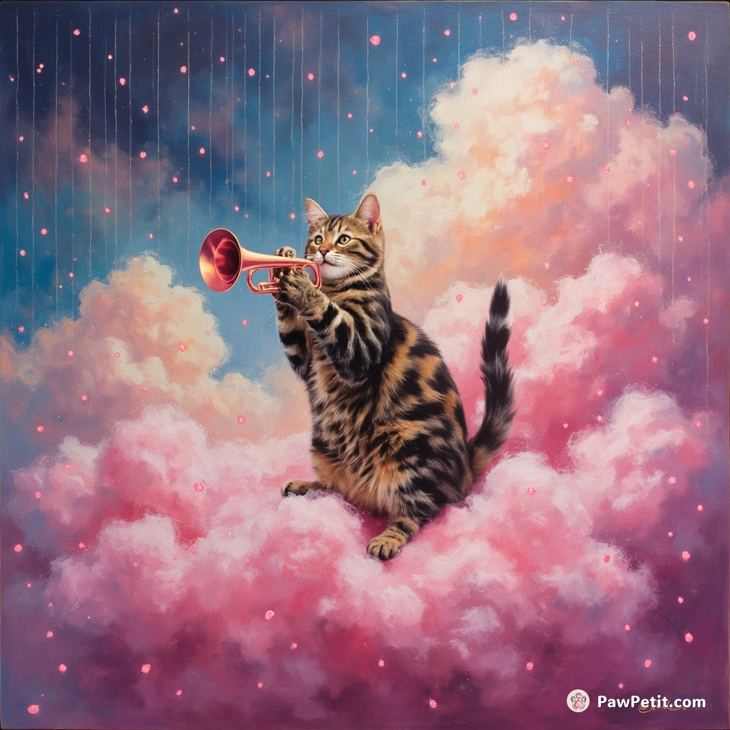 A Bengal cat playing a neon trumpet on a giant cotton candy cloud amidst a rainstorm of sprinkles.
