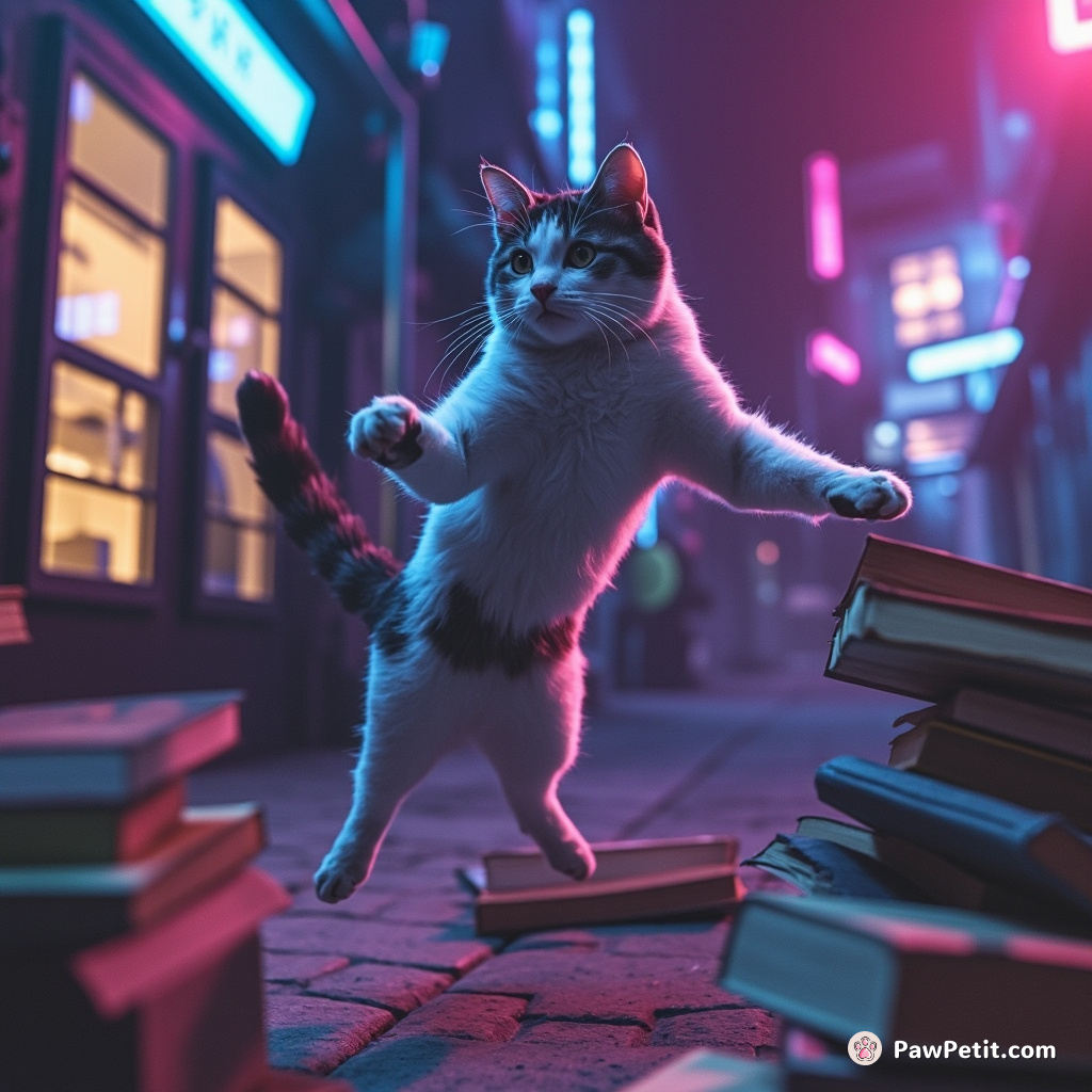 Cat leaps, spins mid-air, narrowly dodging a falling stack of books with a graceful twist.
