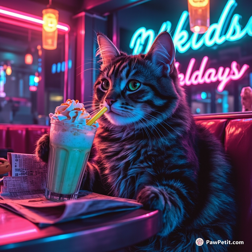 A neon cat in a 1950s diner, sipping fluorescent milkshake through a straw while reading upside-down newspaper.