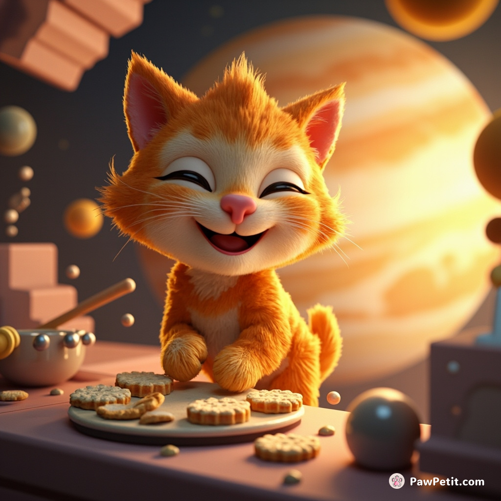 A cat joyfully baking moon-cheese biscuits in her radiant, celestial kitchen, situated comfortably on a floating asteroid around Jupiter.